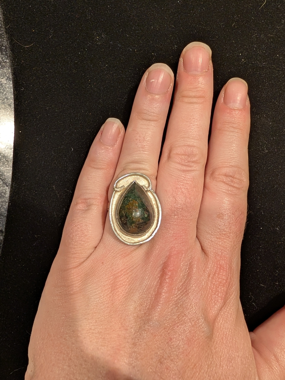Teardrop Green Jasper Sterling-Accent Statement Ring, Size 7.5